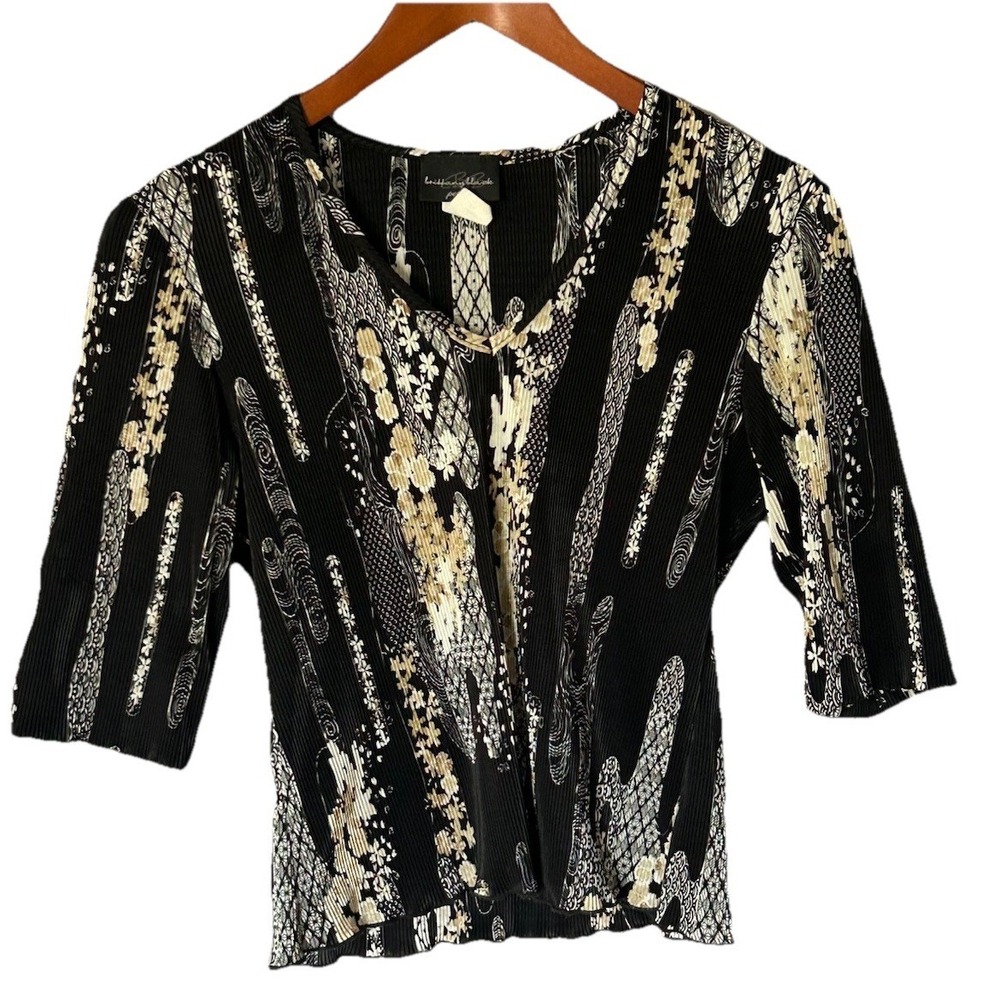Women's Vintage Brittany Black Petite Small 3/4 Sleeve Ribbed Blouse Y2K